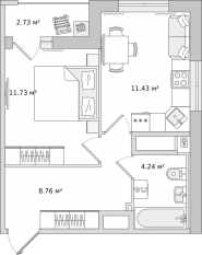 ЖК «Город Первых», планировка 1-комнатной квартиры, 38.89 м²