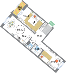ЖК «Modum», планировка 2-комнатной квартиры, 65.12 м²