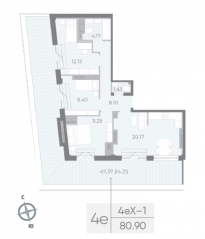 ЖК «Neva Residence», планировка 3-комнатной квартиры, 81.80 м²
