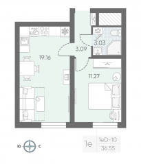ЖК «Морская миля», планировка 1-комнатной квартиры, 36.70 м²