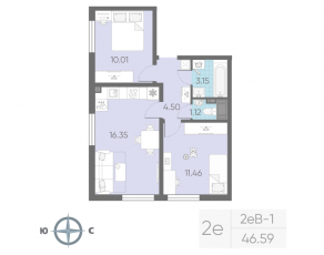 ЖК «Морская миля», планировка 2-комнатной квартиры, 46.61 м²