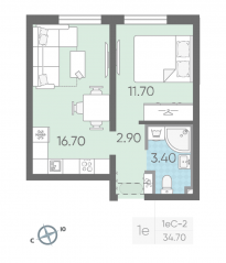 ЖК «Октябрьская набережная», планировка 1-комнатной квартиры, 34.70 м²