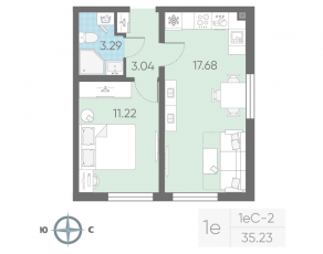 ЖК «Морская миля», планировка 1-комнатной квартиры, 35.23 м²