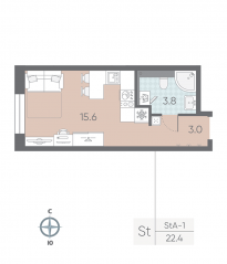 ЖК «ЛСР. Большая Охта», планировка студии, 22.40 м²