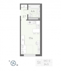 МЖК «Пулково Lake», планировка студии, 24.50 м²