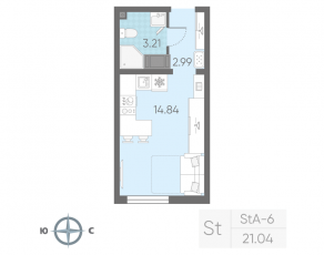 ЖК «Морская миля», планировка студии, 21.04 м²