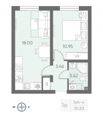 ЖК «Морская миля», планировка 1-комнатной квартиры, 35.95 м²