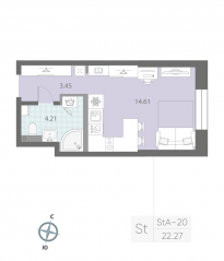 ЖК «Цивилизация на Неве», планировка студии, 22.27 м²