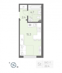 МЖК «Пулково Lake», планировка студии, 22.40 м²