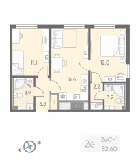 ЖК «Октябрьская набережная», планировка 2-комнатной квартиры, 52.60 м²