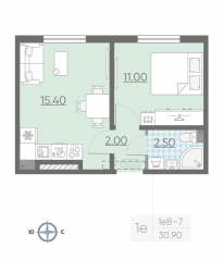ЖК «ЛСР. Ржевский парк», планировка 1-комнатной квартиры, 30.90 м²