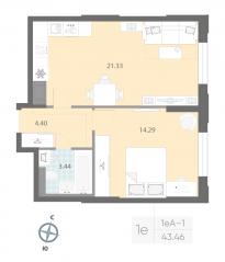 ЖК «Цивилизация на Неве», планировка 1-комнатной квартиры, 43.46 м²