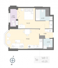 ЖК «Цивилизация на Неве», планировка 1-комнатной квартиры, 45.25 м²