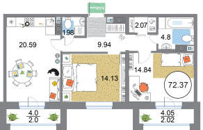 ЖК «Modum», планировка 2-комнатной квартиры, 72.37 м²