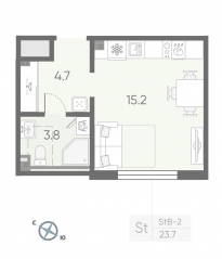 МЖК «Пулково Lake», планировка студии, 23.70 м²