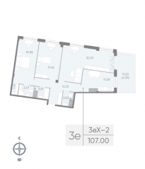 ЖК «Neva Residence», планировка 3-комнатной квартиры, 107.40 м²