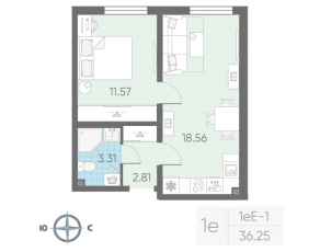 ЖК «Морская миля», планировка 1-комнатной квартиры, 36.25 м²