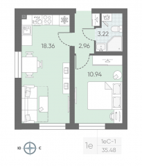 ЖК «Морская миля», планировка 1-комнатной квартиры, 35.59 м²