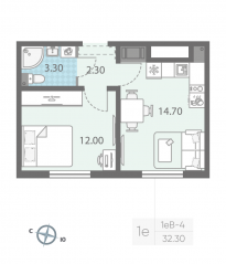 ЖК «ЛСР. Ржевский парк», планировка 1-комнатной квартиры, 32.30 м²
