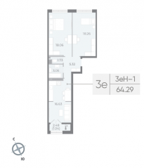 ЖК «Neva Residence», планировка 2-комнатной квартиры, 64.90 м²