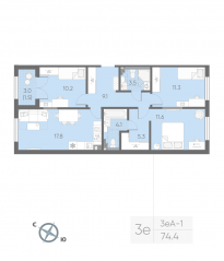 МЖК «Пулково Lake», планировка 3-комнатной квартиры, 74.40 м²