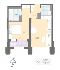 ЖК «Цивилизация на Неве», планировка 1-комнатной квартиры, 39.93 м²