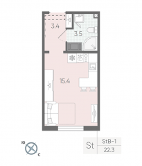 ЖК «Цветной город», планировка студии, 22.30 м²