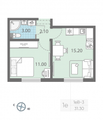 ЖК «ЛСР. Ржевский парк», планировка 1-комнатной квартиры, 31.30 м²
