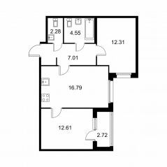 ЖК «Квартал Заречье», планировка 2-комнатной квартиры, 56.91 м²