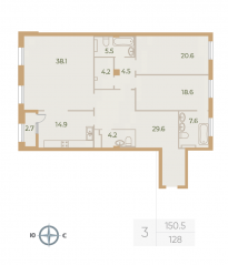 ЖК «Neva Haus», планировка 3-комнатной квартиры, 149.20 м²