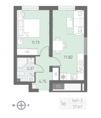 ЖК «Морская миля», планировка 1-комнатной квартиры, 37.85 м²