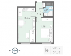 ЖК «Морская миля», планировка 1-комнатной квартиры, 34.65 м²