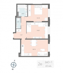 ЖК «Цивилизация на Неве», планировка 2-комнатной квартиры, 61.44 м²