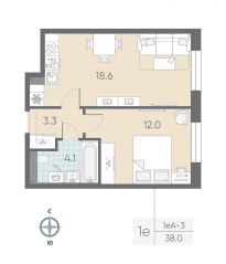 ЖК «ЛСР. Большая Охта», планировка 1-комнатной квартиры, 38.00 м²