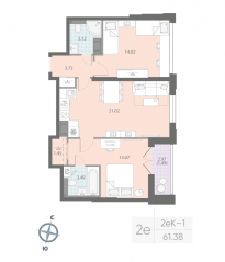 ЖК «Цивилизация на Неве», планировка 2-комнатной квартиры, 61.38 м²