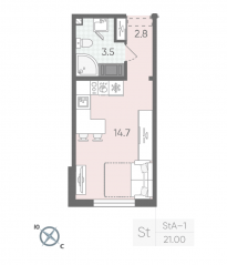 ЖК «Цветной город», планировка студии, 21.00 м²