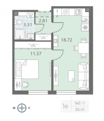 ЖК «Морская миля», планировка 1-комнатной квартиры, 36.41 м²