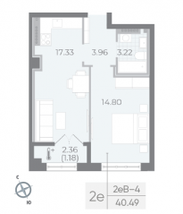 ЖК «Neva Residence», планировка 1-комнатной квартиры, 40.70 м²