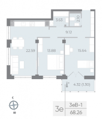 ЖК «Neva Residence», планировка 2-комнатной квартиры, 68.30 м²