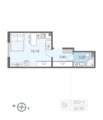 ЖК «ЛСР. Ржевский парк», планировка студии, 22.90 м²