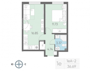 ЖК «Морская миля», планировка 1-комнатной квартиры, 36.69 м²
