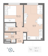 МЖК «Пулково Lake», планировка 1-комнатной квартиры, 36.60 м²