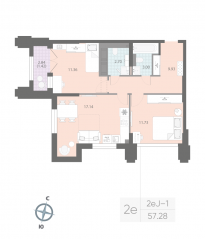 ЖК «Цивилизация на Неве», планировка 2-комнатной квартиры, 57.28 м²