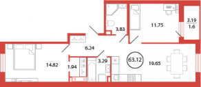 ЖК «Энфилд», планировка 2-комнатной квартиры, 63.12 м²