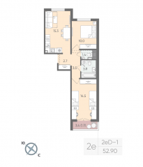 ЖК «Цветной город», планировка 2-комнатной квартиры, 52.90 м²