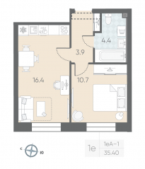 ЖК «ЛСР. Большая Охта», планировка 1-комнатной квартиры, 35.40 м²