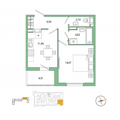 ЖК «Янила», планировка 1-комнатной квартиры, 40.80 м²