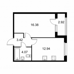ЖК «Квартал Заречье», планировка 1-комнатной квартиры, 38.27 м²
