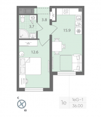 ЖК «Ручьи», планировка 1-комнатной квартиры, 36.00 м²