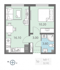 ЖК «ЛСР. Ржевский парк», планировка 1-комнатной квартиры, 32.90 м²